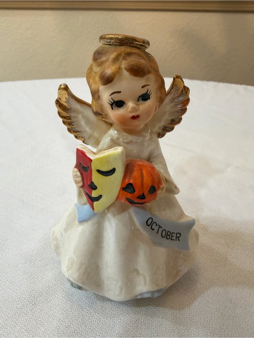 VTG Halloween October Angel Figurine with Gold Accents/Orange Pumpkin JAPAN